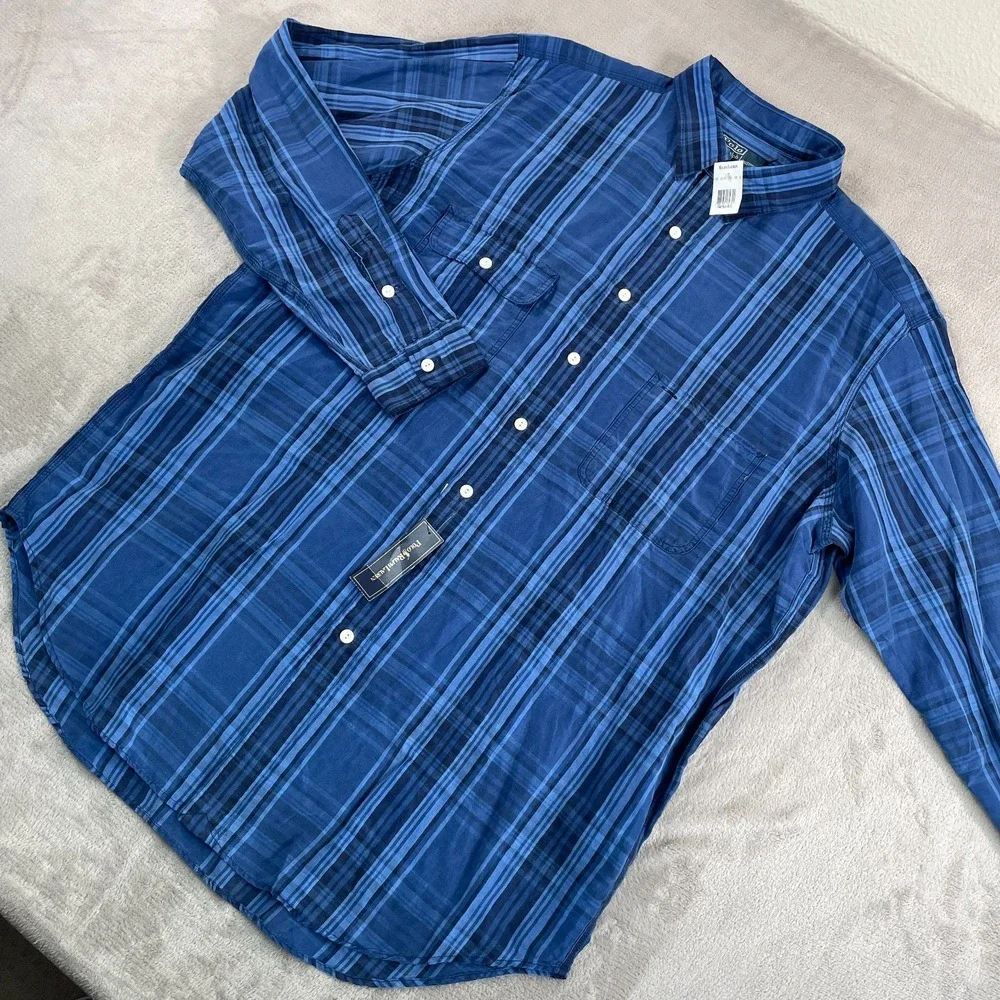 VTG Polo Ralph Lauren Chinstrap Collar Shirt Men XLT‎ Tall Blue Silk Linen NWT
